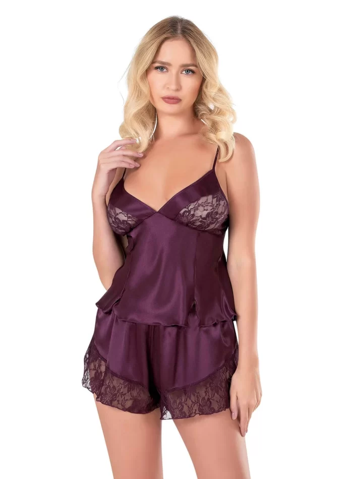 Kaliteli Şık Mürdüm Saten Babydoll Şort Takımı