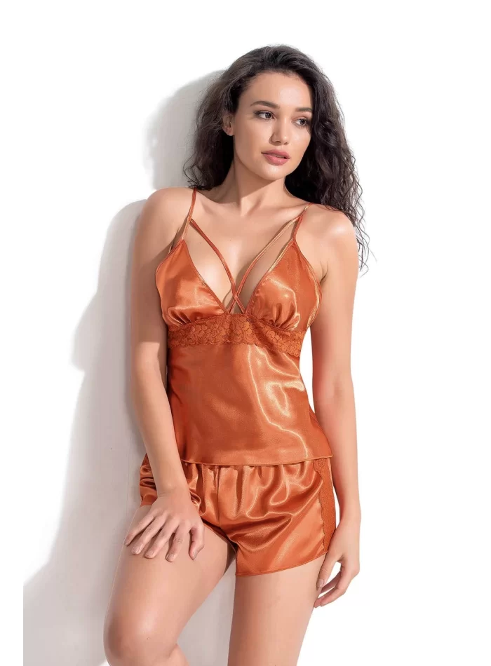 Oranj Şık Saten Babydoll Şort Takımı