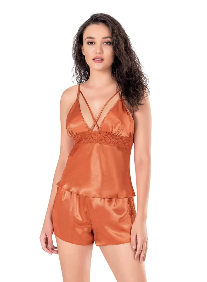 Oranj Şık Saten Babydoll Şort Takımı
