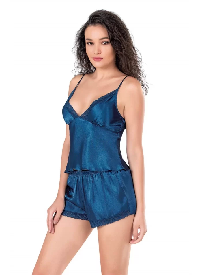 Petrol Mavi Şık Saten Babydoll Şort Takımı