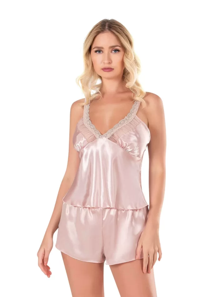 Pudra Saten Şık Babydoll Şort Takımı