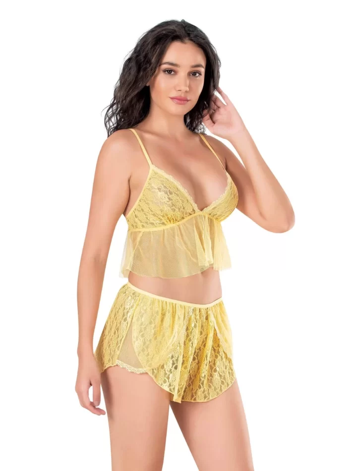 Sarı Tül Babydoll Şort Takımı - Sağlık Odaklı Gecelik