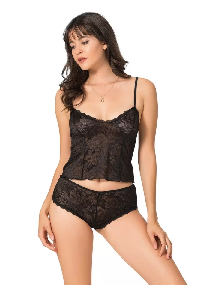 Siyah Şık Jakarlı Babydoll Şort Takımı
