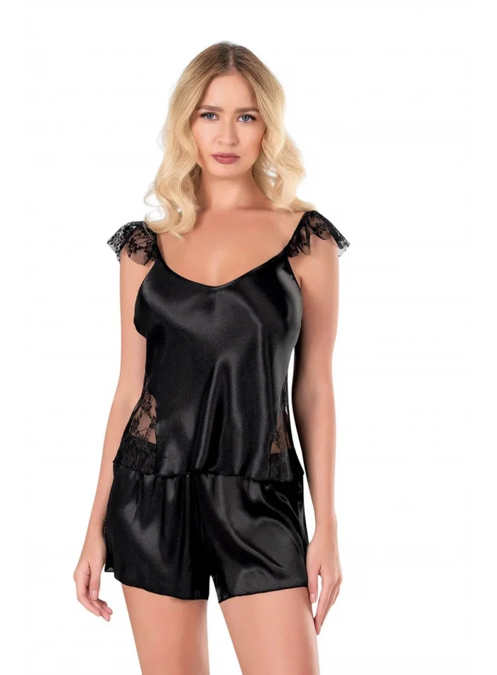 Siyah Şık Saten Babydoll Şort Takımı