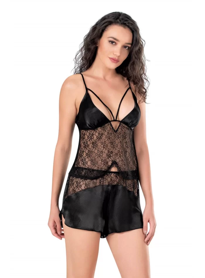 Siyah Şık Saten Babydoll Şort Takımı