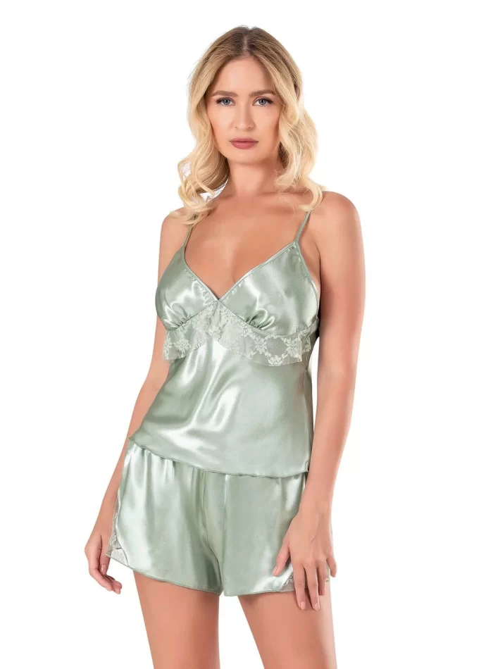 Su Yeşili Şık Saten Babydoll Şort Takımı