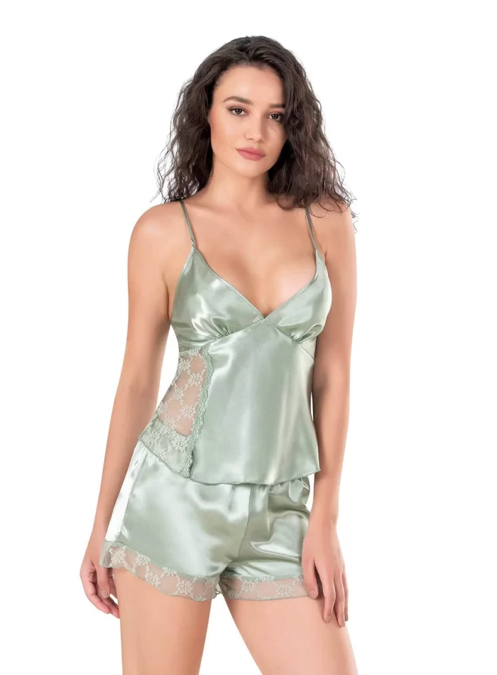 Su Yeşili Şık Saten Babydoll Şort Takımı