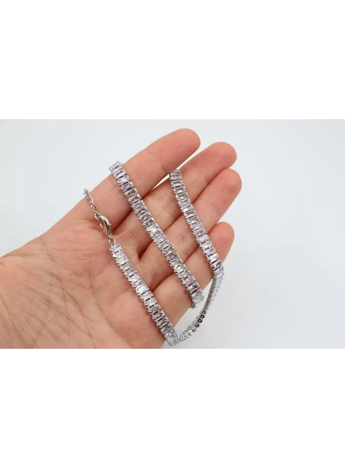 Rodyum Kaplama Büyük Baget Taşlı Zirkonlu Hazır Kolye
