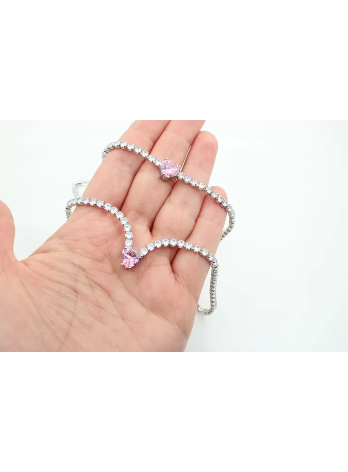 Rodyum Kaplama Pembe Kalp Taşlı Su Yolu Kolye ve Bileklik Seti