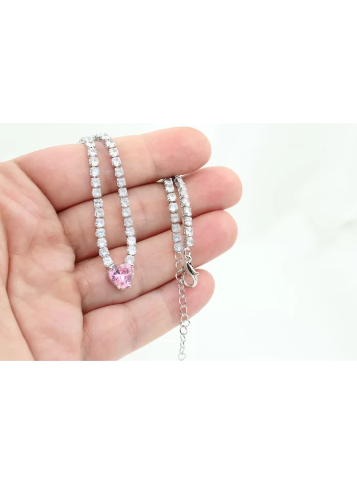 Rodyum Kaplama Pembe Kalp Taşlı Su Yolu Kolye ve Bileklik Seti