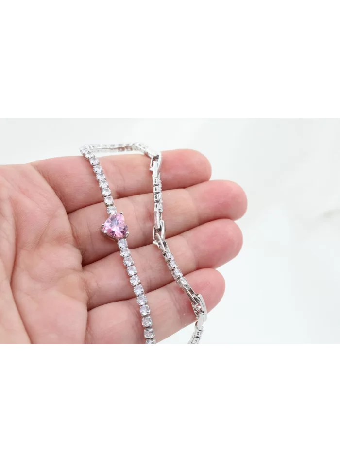 Rodyum Kaplama Pembe Kalp Taşlı Su Yolu Kolye ve Bileklik Seti