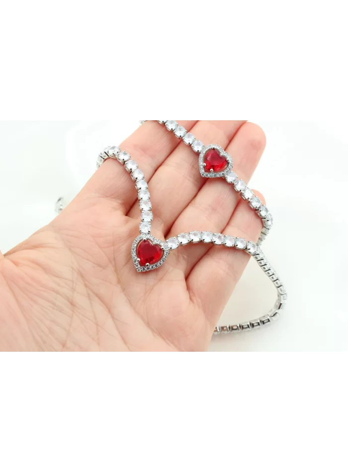 Rodyum Kaplama Sıra Taşlı Kalp Su Yolu Set Kırmızı