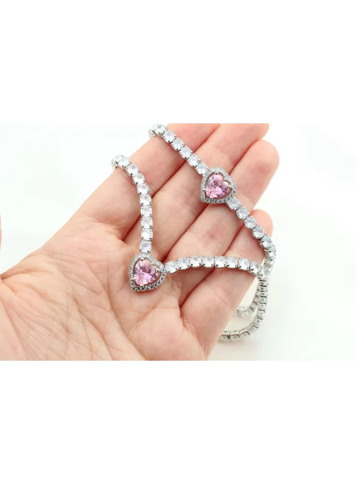 Rodyum Kaplama Sıra Taşlı Kalp Su Yolu Set Pembe