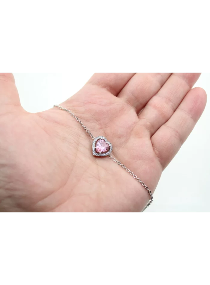 Rodyum Kaplama Sıra Taşlı Pembe Kalp-Zincirli Bileklik