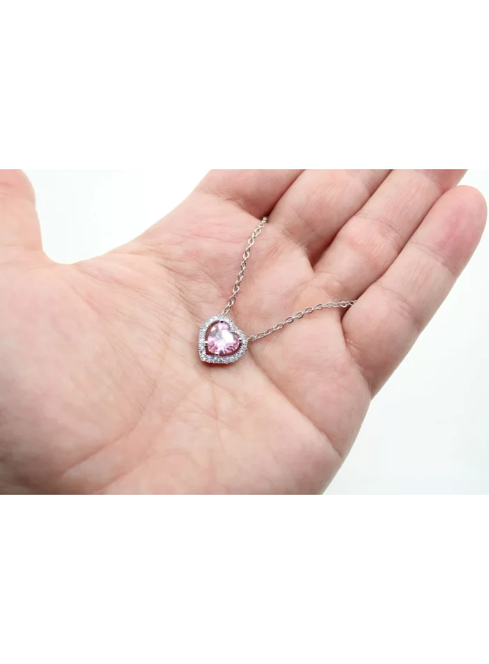 Rodyum Kaplama Sıra Taşlı Pembe Kalp-Zincirli Kolye