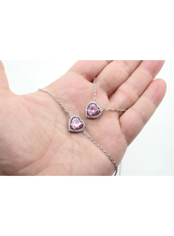 Rodyum Kaplama Sıra Taşlı Pembe Kalp Zincirli Set
