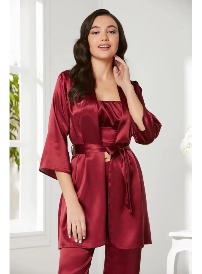 Kaliteli Şık Saten Kadın Pijama Takımı - Bordo Renk