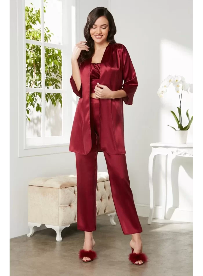 Kaliteli Şık Saten Kadın Pijama Takımı - Bordo Renk