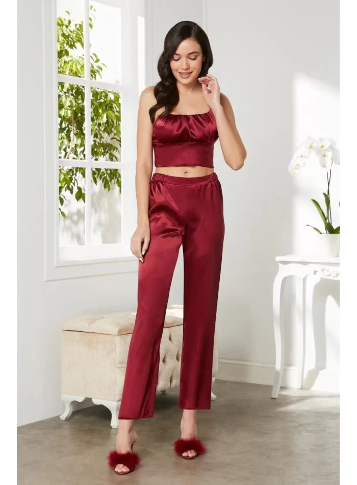 Kaliteli Şık Saten Kadın Pijama Takımı - Bordo Renk