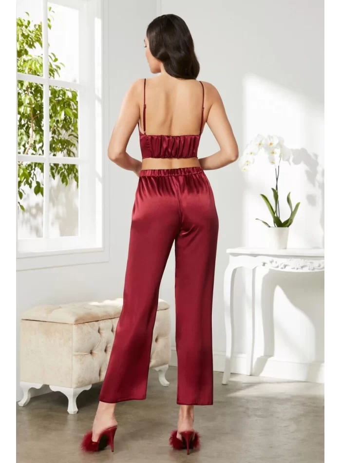 Kaliteli Şık Saten Kadın Pijama Takımı - Bordo Renk