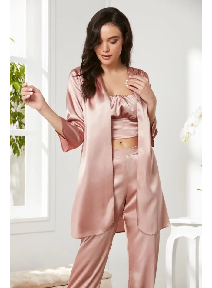 Kaliteli Şık Saten Kadın Pijama Takımı - Brandy Renk