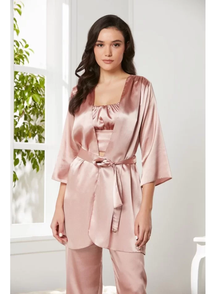 Kaliteli Şık Saten Kadın Pijama Takımı - Brandy Renk