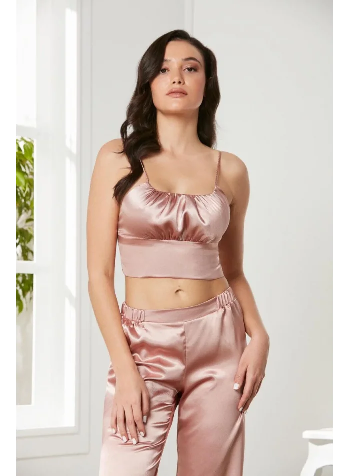 Kaliteli Şık Saten Kadın Pijama Takımı - Brandy Renk