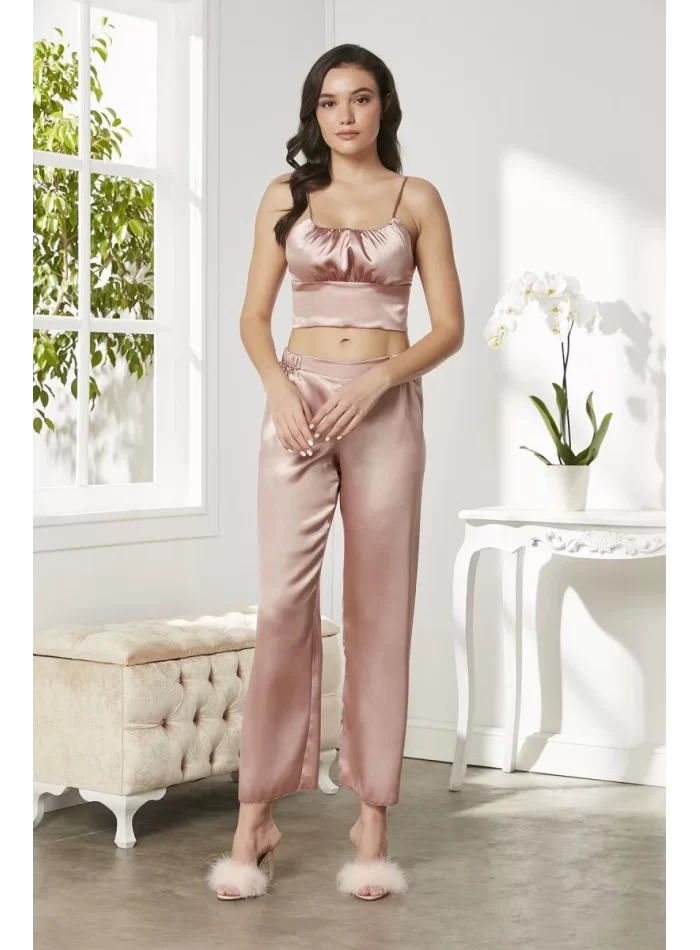 Kaliteli Şık Saten Kadın Pijama Takımı - Brandy Renk