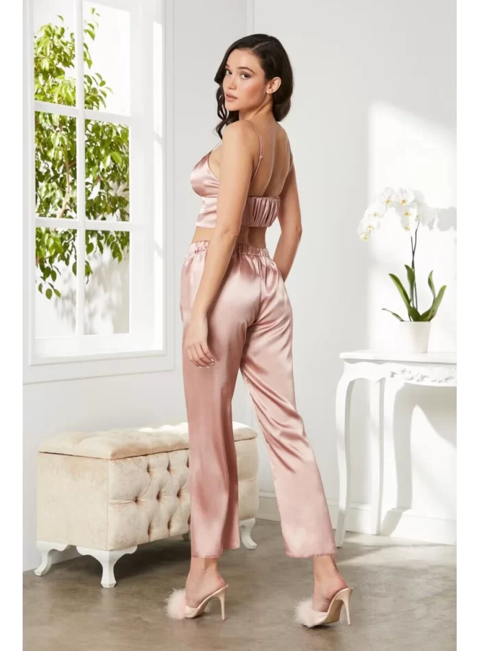 Kaliteli Şık Saten Kadın Pijama Takımı - Brandy Renk