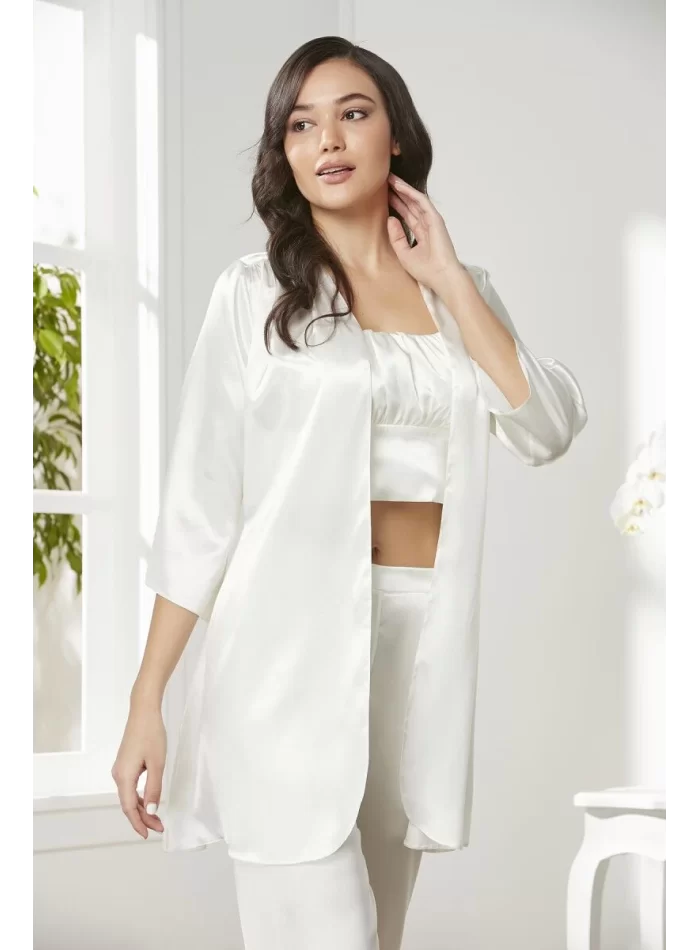 Kaliteli Şık Saten Kadın Pijama Takımı - Ekru