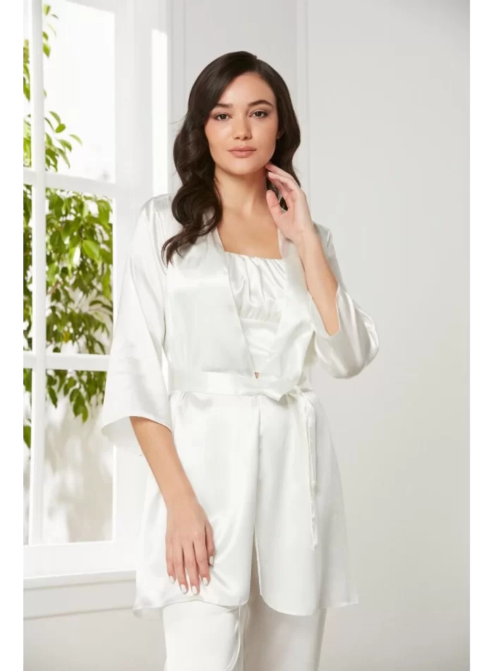 Kaliteli Şık Saten Kadın Pijama Takımı - Ekru