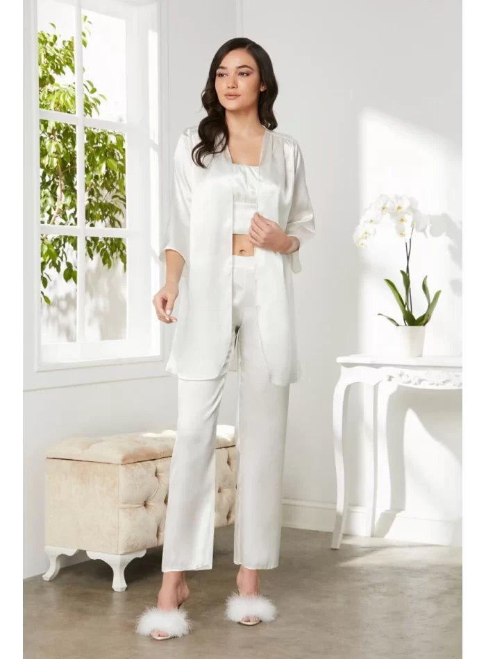 Kaliteli Şık Saten Kadın Pijama Takımı - Ekru