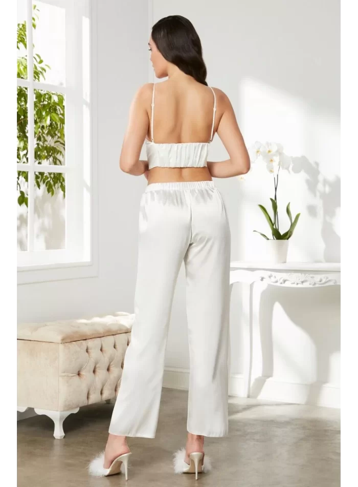 Kaliteli Şık Saten Kadın Pijama Takımı - Ekru