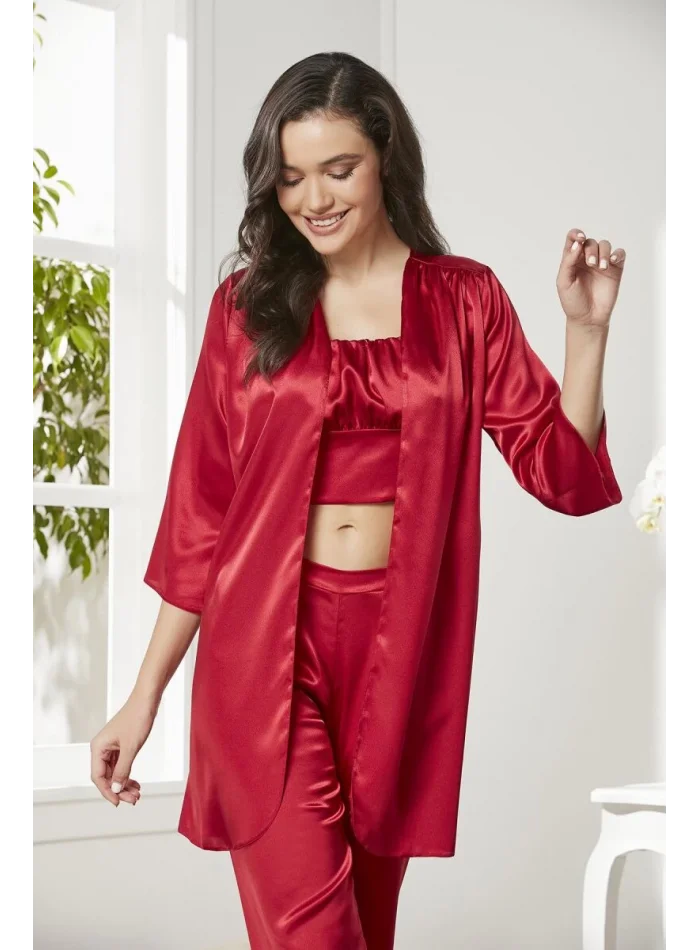 Kaliteli Şık Kırmızı Kadın Pijama Takımı - Sabahlık Dahil