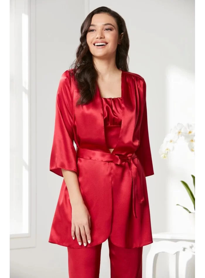 Kaliteli Şık Kırmızı Kadın Pijama Takımı - Sabahlık Dahil