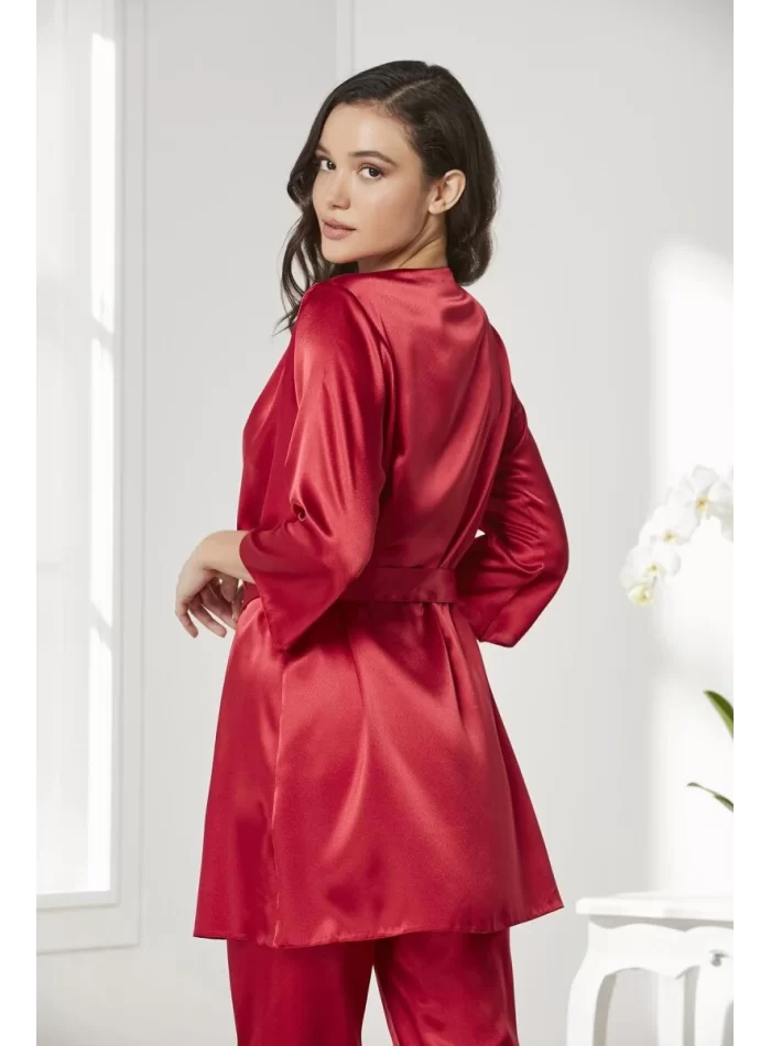 Kaliteli Şık Kırmızı Kadın Pijama Takımı - Sabahlık Dahil