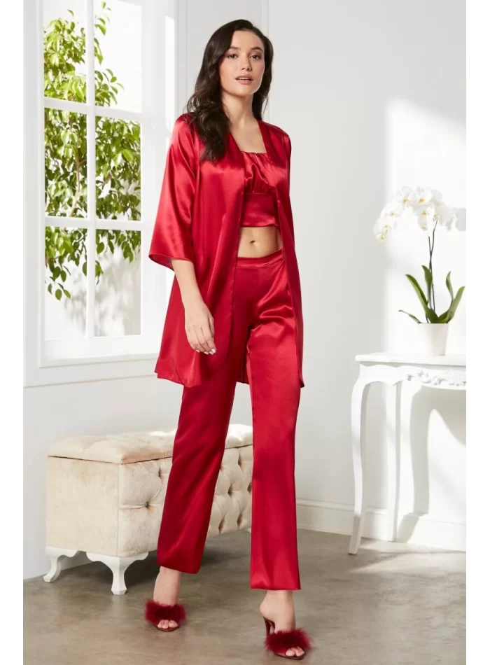 Kaliteli Şık Kırmızı Kadın Pijama Takımı - Sabahlık Dahil