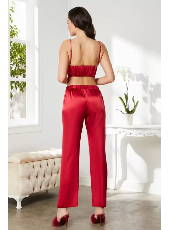 Kaliteli Şık Kırmızı Kadın Pijama Takımı - Sabahlık Dahil