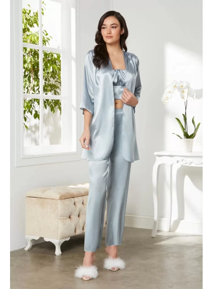Kaliteli Şık Saten Kadın Pijama Takımı - Mist Renk