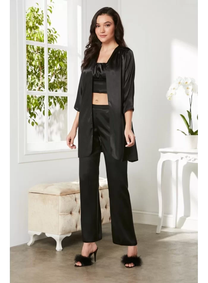 Kaliteli Şık Saten Kadın Pijama Takımı - Siyah