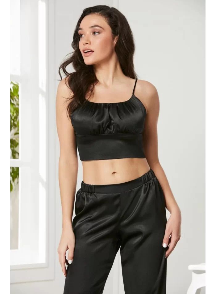 Kaliteli Şık Saten Kadın Pijama Takımı - Siyah