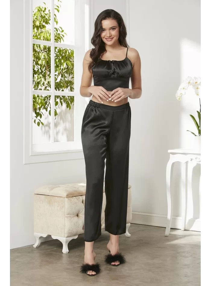 Kaliteli Şık Saten Kadın Pijama Takımı - Siyah