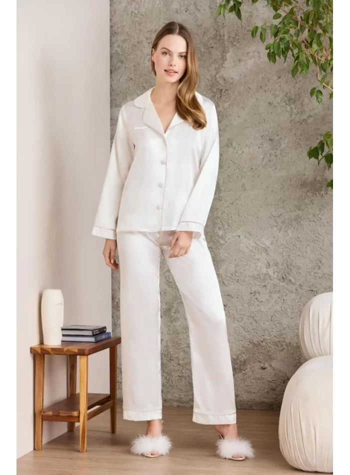 Kaliteli Şık Saten Biyeli Kadın Pijama Takımı - Ekru