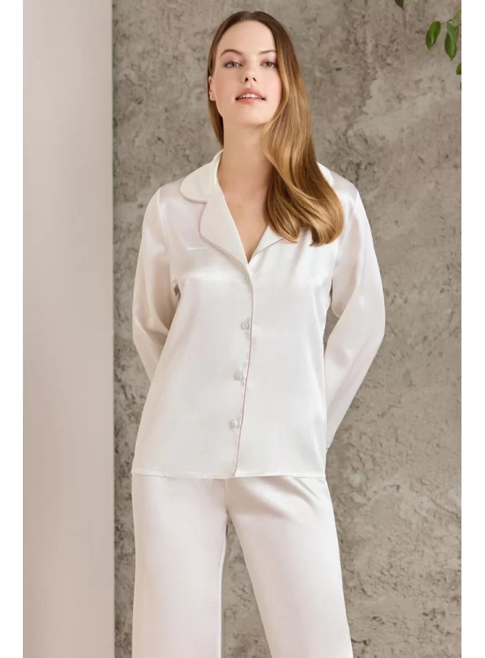 Kaliteli Şık Saten Biyeli Kadın Pijama Takımı - Ekru