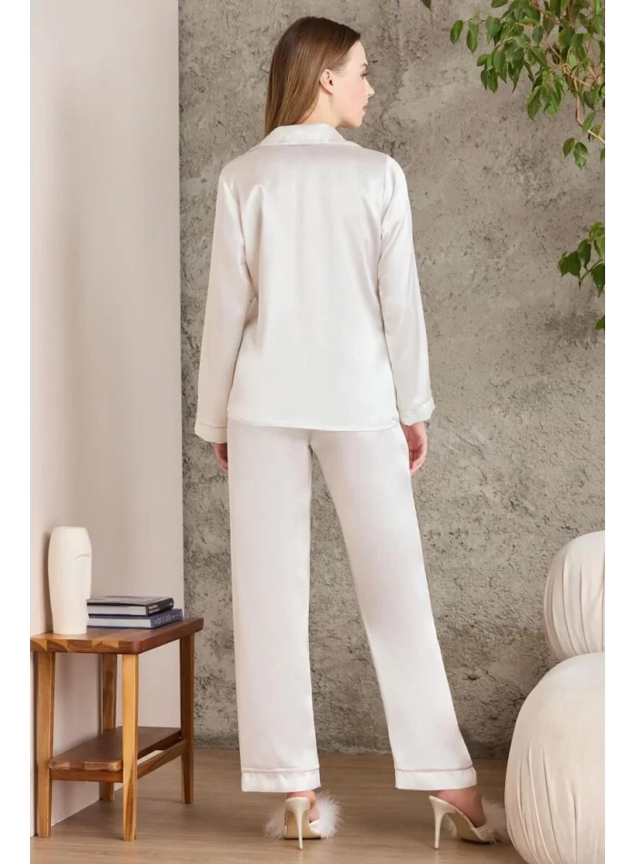Kaliteli Şık Saten Biyeli Kadın Pijama Takımı - Ekru