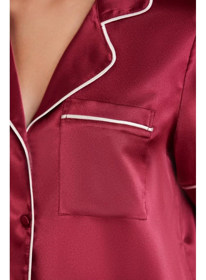 Kaliteli Şık Saten Biyeli Kadın Pijama Takımı - Bordo
