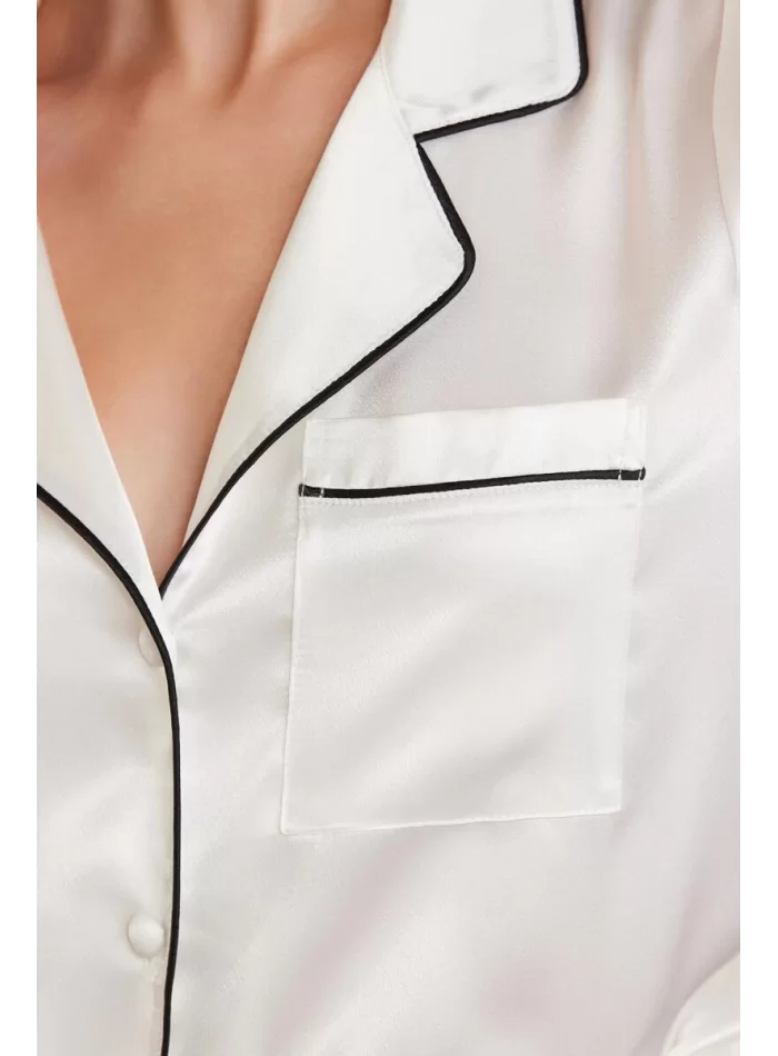 Kaliteli Şık Saten Biyeli Kadın Pijama Takımı - Ekru
