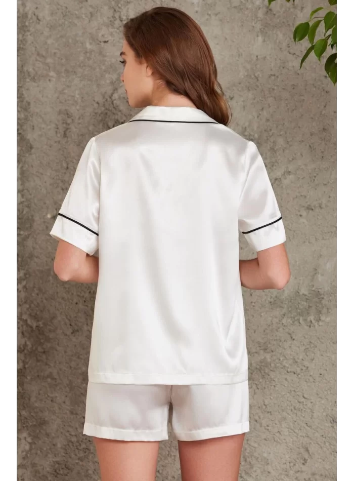 Kaliteli Şık Saten Biyeli Kadın Pijama Takımı - Ekru