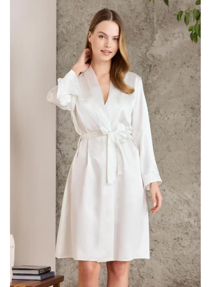 Kaliteli Şık Saten BRIDE Kadın Sabahlık - Ekru