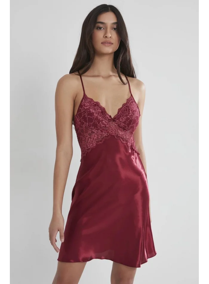 Saten Dantelli Kadın Gecelik - 608 Bordo